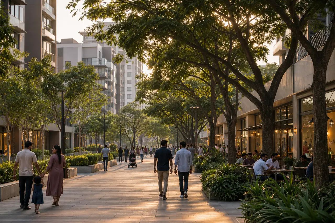 My Home Hoskote landscaped pedestrian promenade between contemporary residential buildings